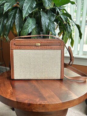 VALENTINO GARAVANI Linen Calfskin Shoulder Bag Saddle Brown Natural